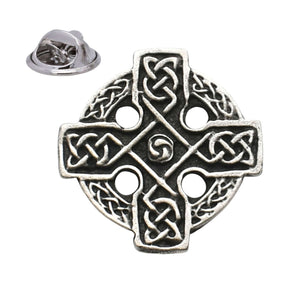 Antique silver-coloured Celtic cross lapel pin badge with ornate knotwork and butterfly clasp