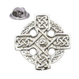 Bright silver-coloured Celtic cross lapel pin badge with ornate knotwork and butterfly clasp