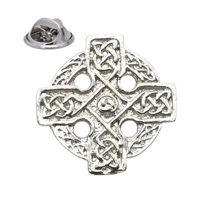 Bright silver-coloured Celtic cross lapel pin badge with ornate knotwork and butterfly clasp