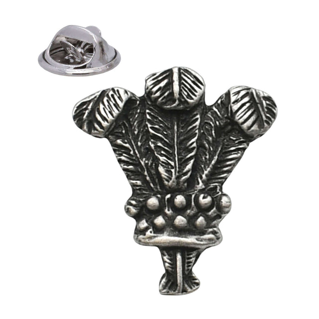 Antique silver-coloured small Prince of Wales Three Feathers lapel pin with coronet and butterfly clasp