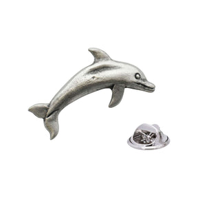 Antique silver-coloured jumping dolphin lapel pin badge with dorsal fin and butterfly clasp