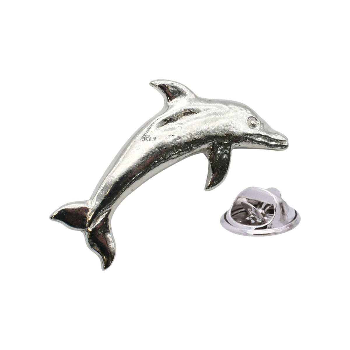 Shiny bright silver-coloured jumping dolphin lapel pin badge with dorsal fin and butterfly clasp