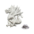 Shiny bright silver-coloured mythical dragon lapel pin with textured scales, raised wings and butterfly clasp