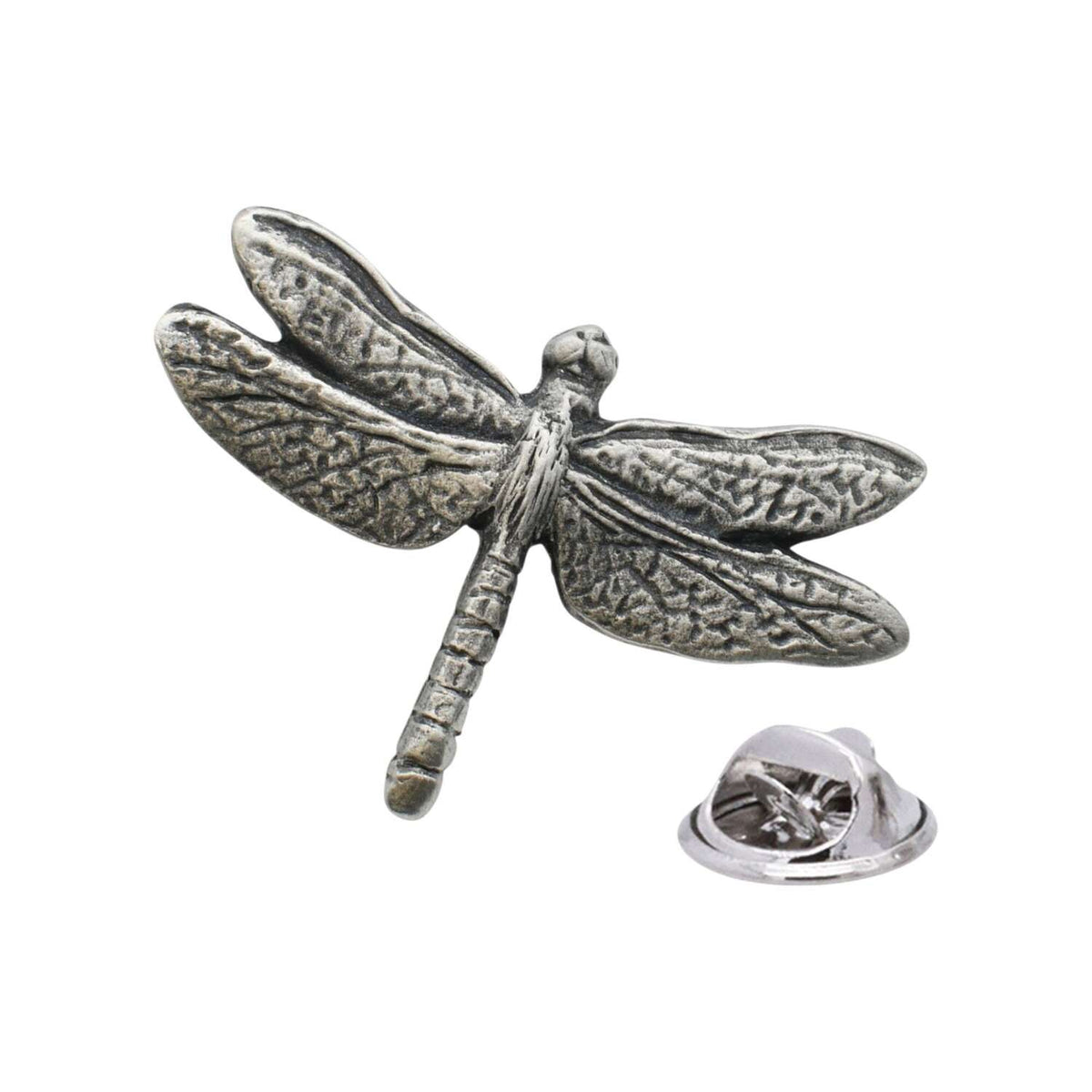 Antique silver-coloured dragonfly lapel pin with four textured wings, segmented body and butterfly clasp