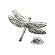 Shiny bright silver-coloured dragonfly lapel pin with four patterned wings, segmented body and butterfly clasp