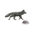 Antique silver-coloured walking fox lapel pin badge with bushy tail and butterfly clasp