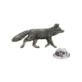 Antique silver-coloured walking fox lapel pin badge with bushy tail and butterfly clasp