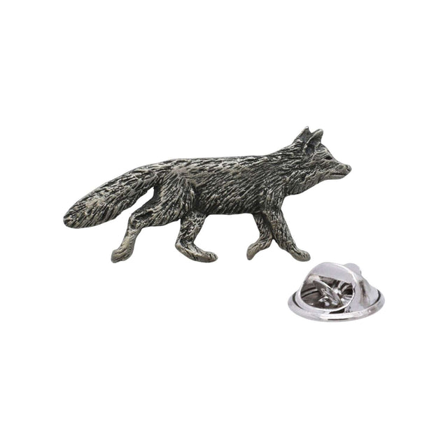 Antique silver-coloured walking fox lapel pin badge with bushy tail and butterfly clasp