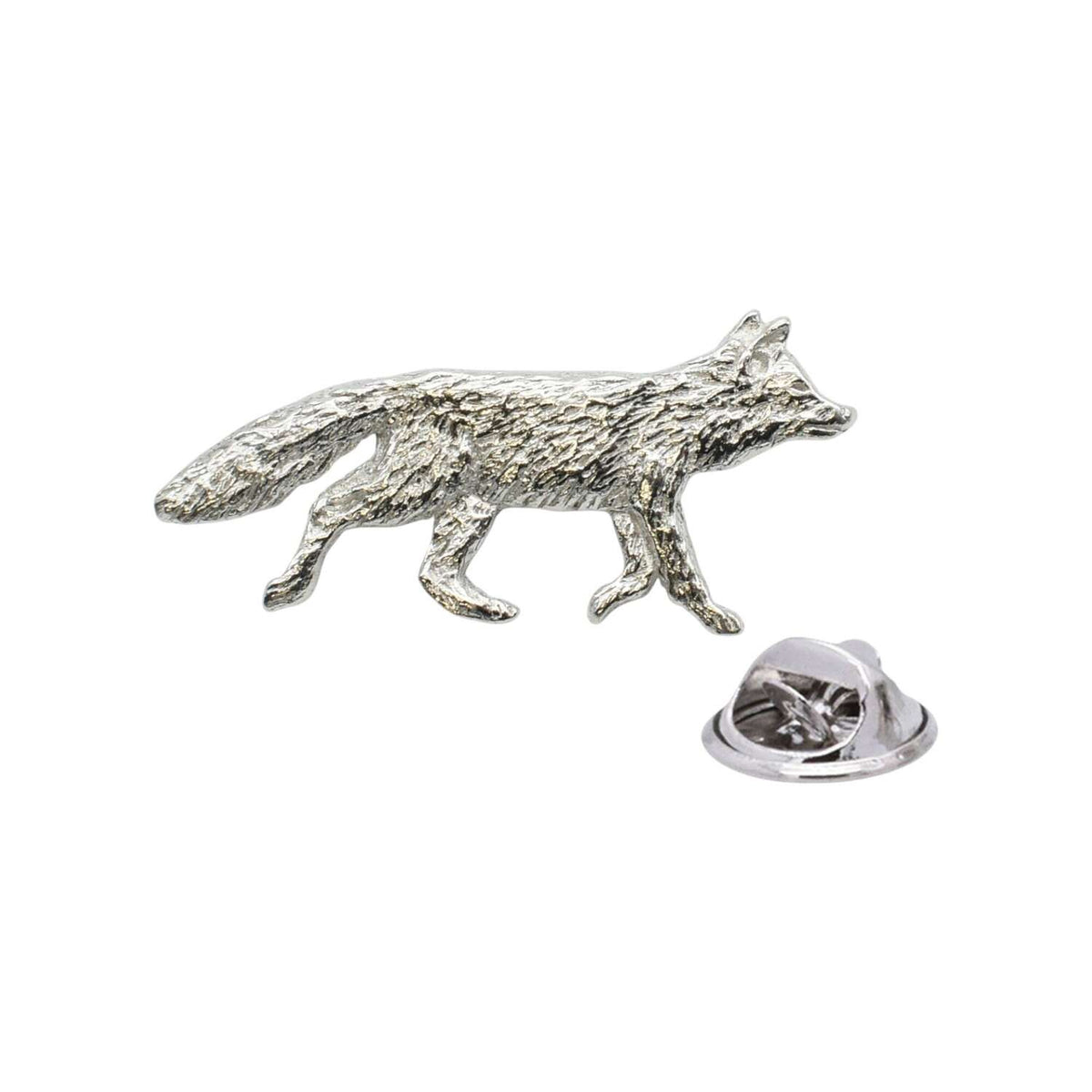 Shiny bright silver-coloured walking fox lapel pin badge with bushy tail and butterfly clasp