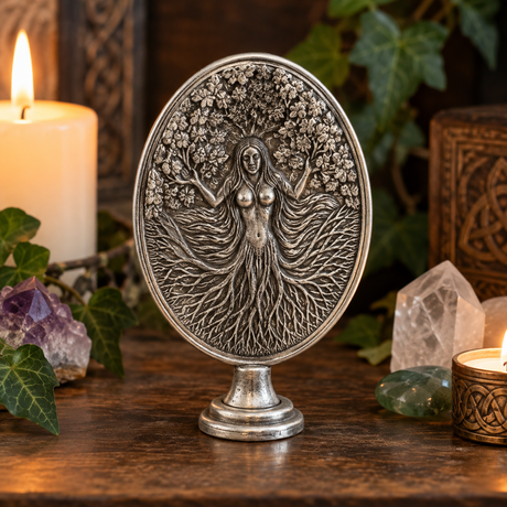 Illustrative in-situ image of Green Woman pewter altar ornament on a wooden altar shelf beside candles, greenery and crystals