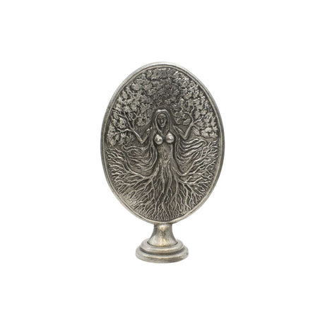 Freestanding Green Woman nature goddess pewter altar ornament with tree branches and decorative base