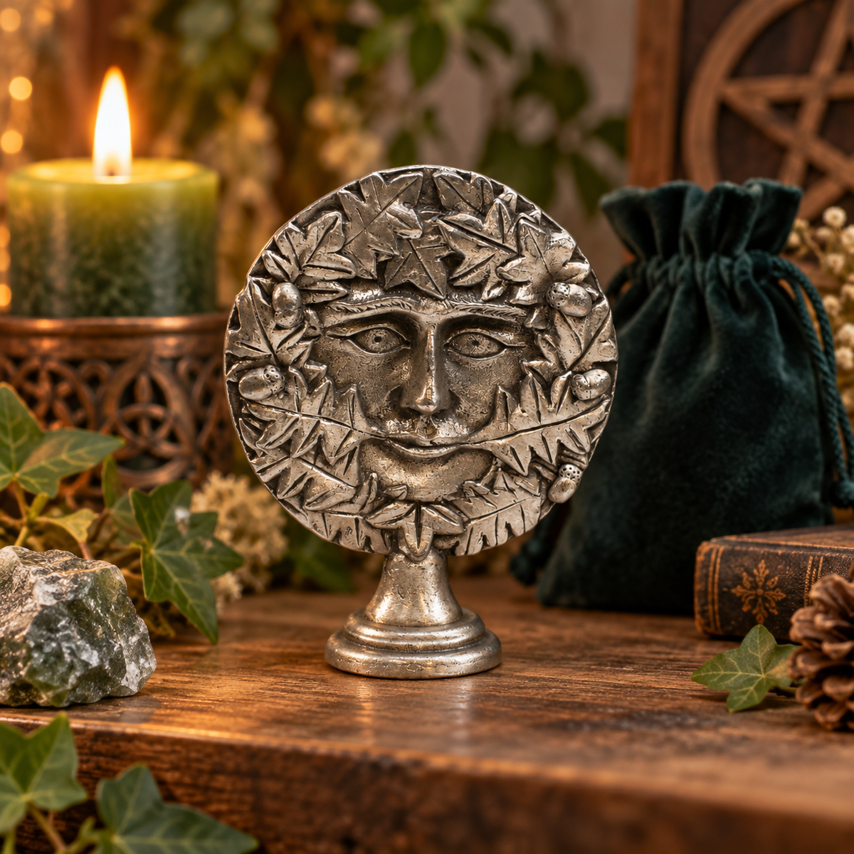 Illustrative Green Man pewter altar ornament standing on a wooden altar shelf, with candle, foliage and decorative gift bag