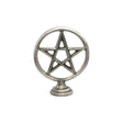 Freestanding pewter pentagram altar ornament with upright star in a circular frame and pedestal base on white background