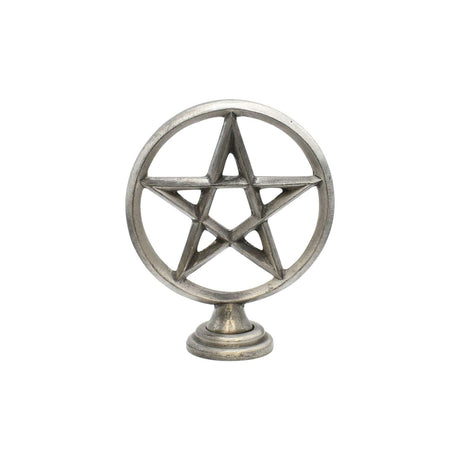 Freestanding pewter pentagram altar ornament with upright star in a circular frame and pedestal base on white background