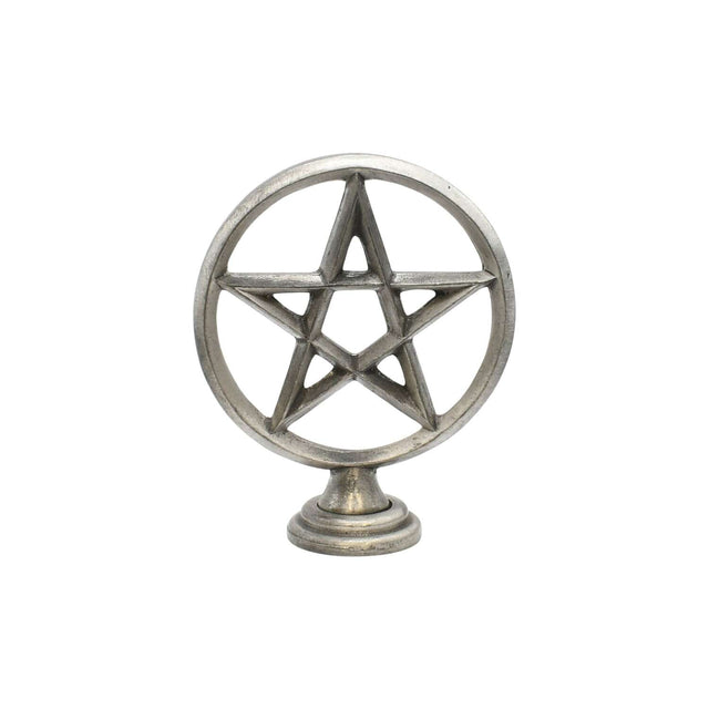 Freestanding pewter pentagram altar ornament with upright star in a circular frame and pedestal base on white background