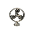 Triskele Celtic triple spiral pewter altar ornament freestanding on a pedestal, white background