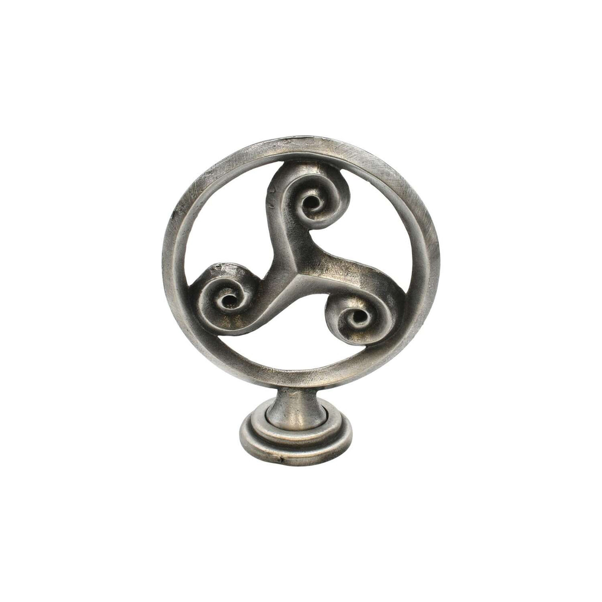 Triskele Celtic triple spiral pewter altar ornament freestanding on a pedestal, white background