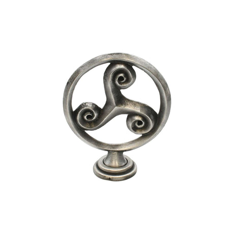 Triskele Celtic triple spiral pewter altar ornament freestanding on a pedestal, white background