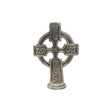 Pewter Celtic Cross altar ornament with ring and interlaced knotwork standing on pedestal against a white background