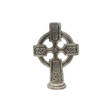 Pewter Celtic Cross altar ornament with ring and interlaced knotwork standing on pedestal against a white background