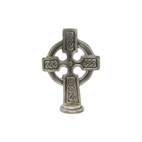 Pewter Celtic Cross altar ornament with ring and interlaced knotwork standing on pedestal against a white background