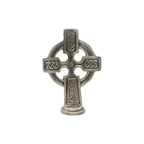 Pewter Celtic Cross altar ornament with ring and interlaced knotwork standing on pedestal against a white background