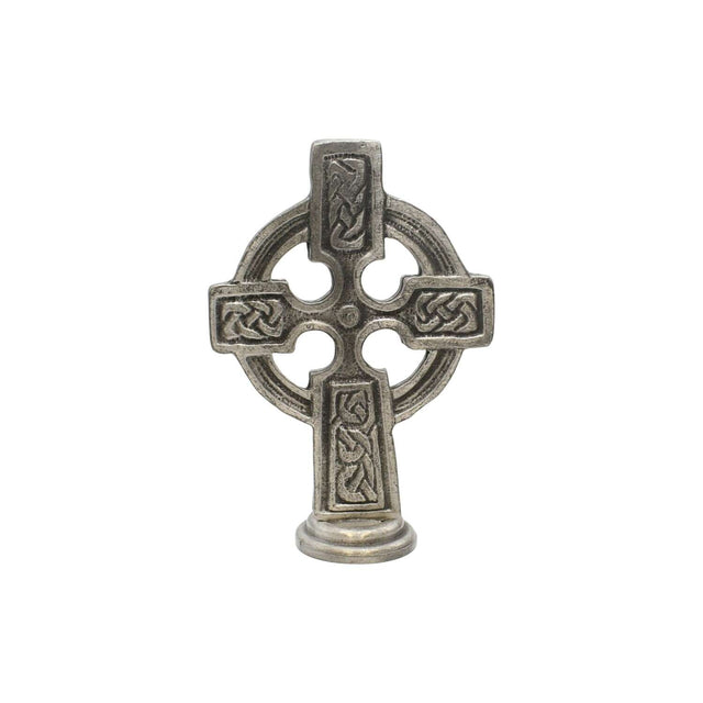 Pewter Celtic Cross altar ornament with ring and interlaced knotwork standing on pedestal against a white background