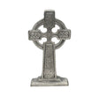 Large freestanding pewter Celtic Cross altar ornament with knotwork, circular halo and rectangular pedestal base on white background