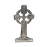 Large freestanding pewter Celtic Cross altar ornament with knotwork, circular halo and rectangular pedestal base on white background