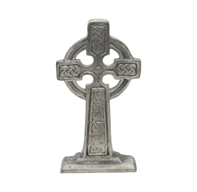 Large freestanding pewter Celtic Cross altar ornament with knotwork, circular halo and rectangular pedestal base on white background