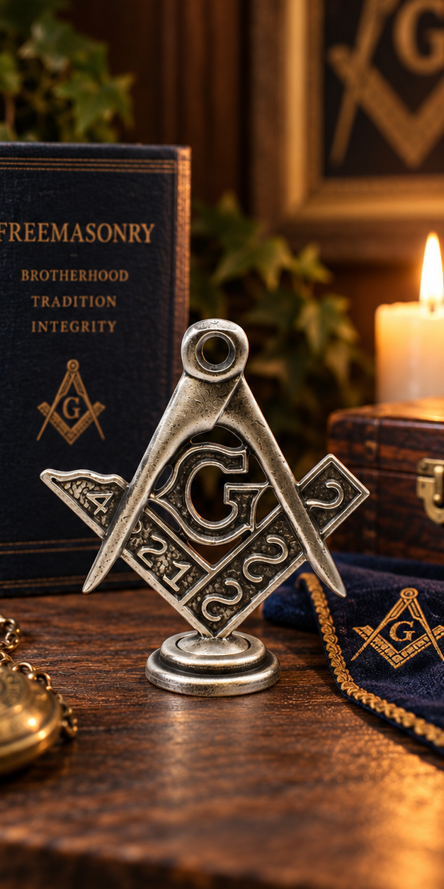 Illustrative in-situ Masonic square and compasses with G standing pewter ornament on a wooden shelf beside a candle and book, no gift bag depicted