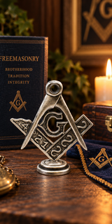 Illustrative in-situ Masonic square and compasses with G standing pewter ornament on a wooden shelf beside a candle and book, no gift bag depicted