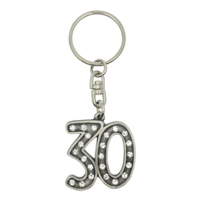 30th birthday pewter keyring with sparkling crystal accents