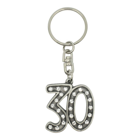 30th birthday pewter keyring with sparkling crystal accents
