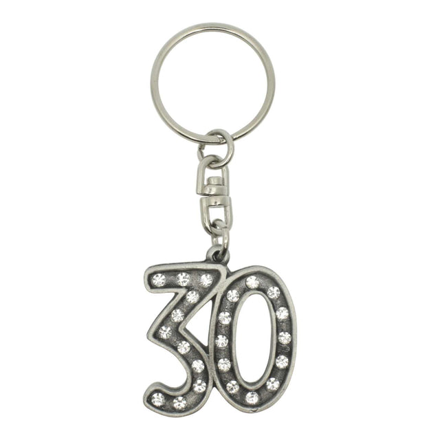 30th birthday pewter keyring with sparkling crystal accents