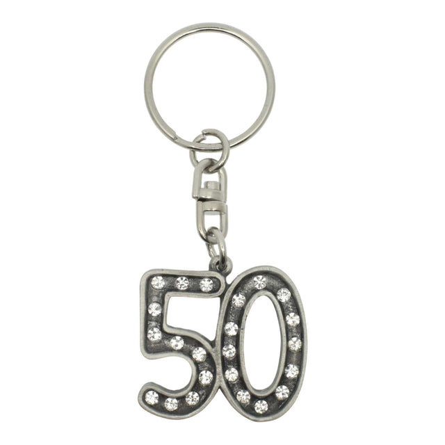 50th birthday pewter keyring with crystal accents