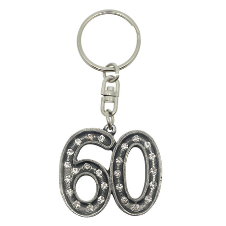 60th birthday pewter keyring with clear crystals