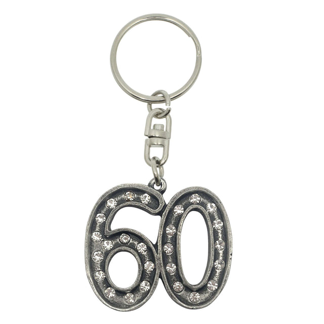 60th birthday pewter keyring with clear crystals