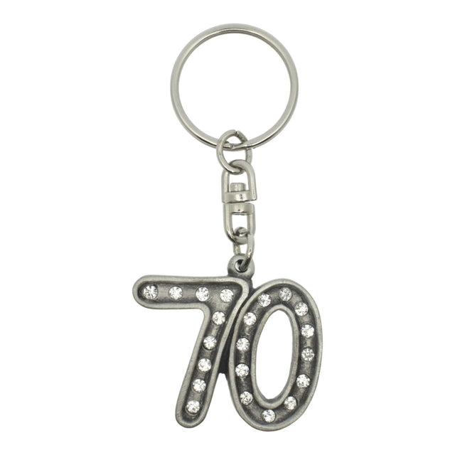 70th birthday pewter keyring with clear crystal accents