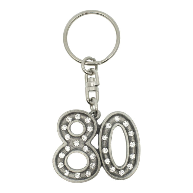 80th birthday pewter keyring with crystal accents