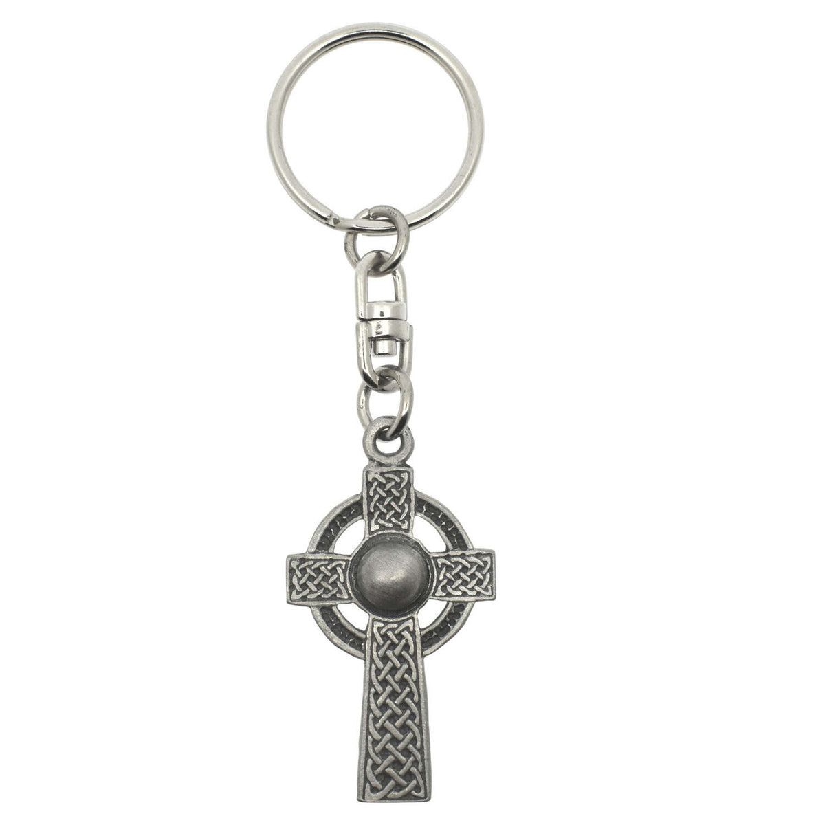 Celtic cross pewter keyring with detailed knotwork