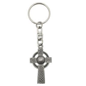 Celtic cross pewter keyring with detailed knotwork