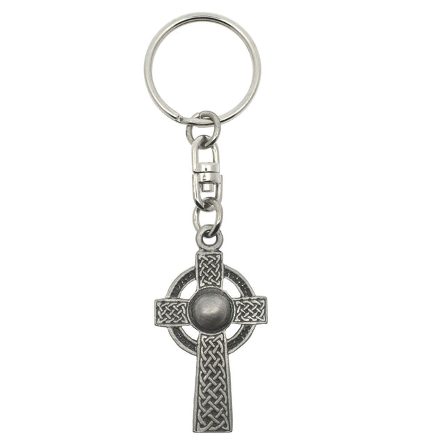 Celtic cross pewter keyring with detailed knotwork