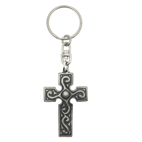 Celtic cross pewter keyring with raised scrollwork