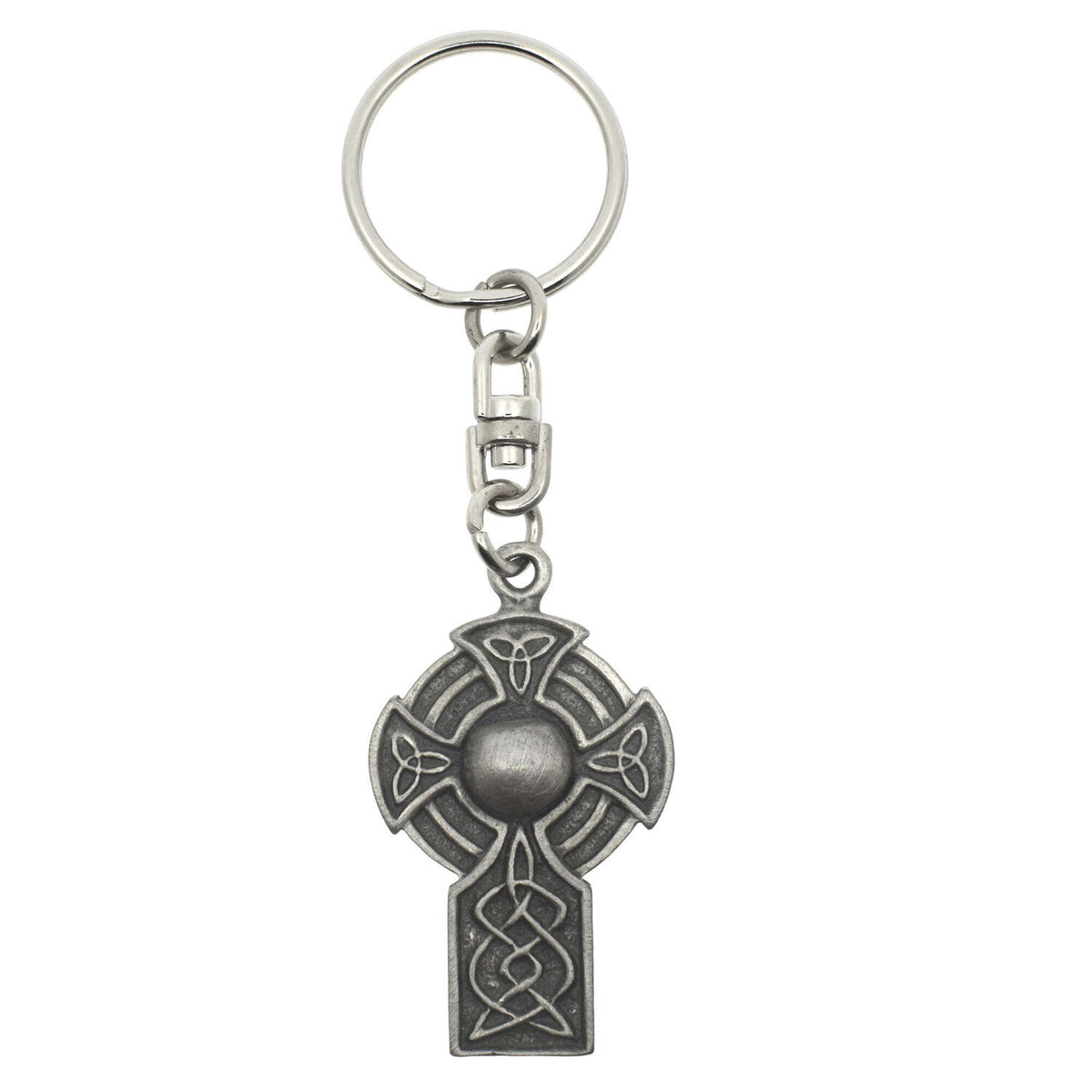 Celtic Cross pewter keyring with circular knotwork details