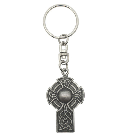 Celtic Cross pewter keyring with circular knotwork details