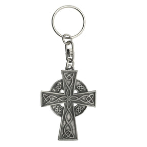 Celtic Cross pewter keyring with intricate knotwork