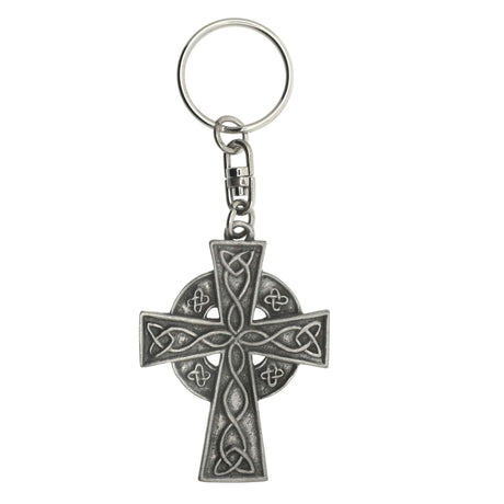 Celtic Cross pewter keyring with intricate knotwork