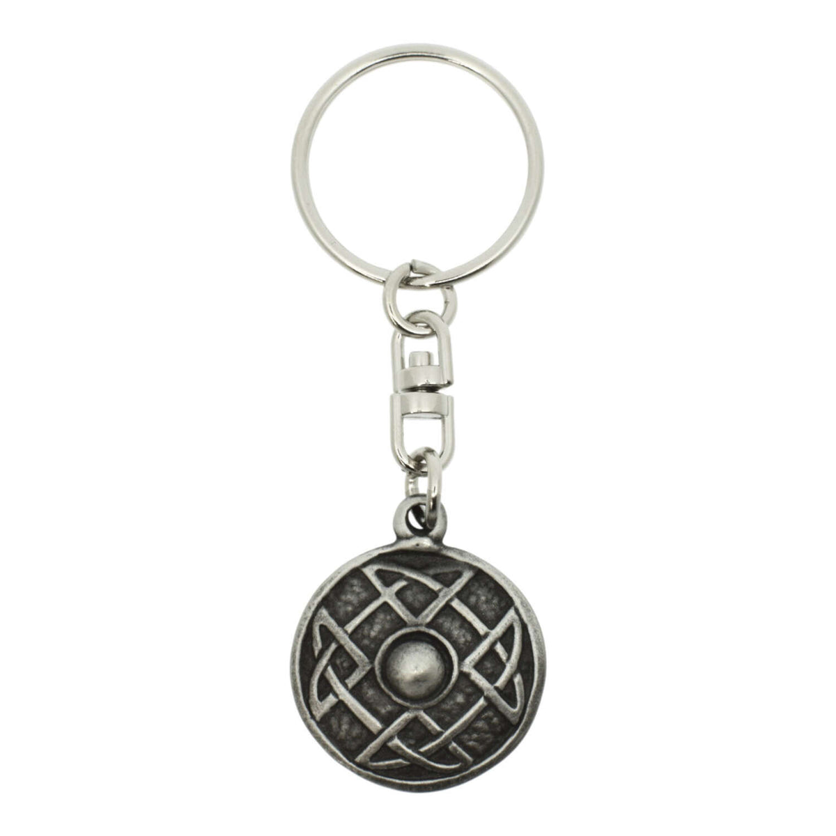 Round Celtic shield pewter keyring with raised centre and knotwork