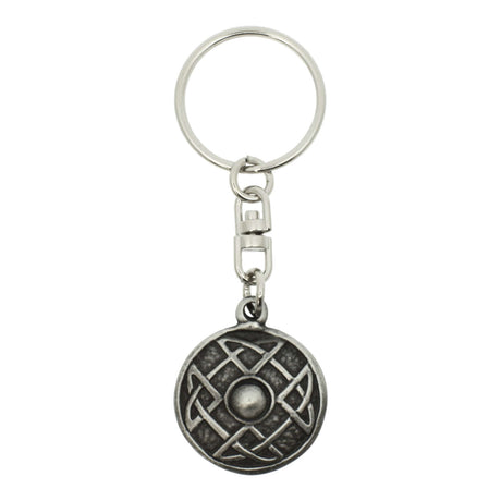 Round Celtic shield pewter keyring with raised centre and knotwork